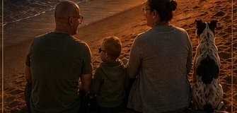 A family together on the beach at sunset, representing the personal inspiration behind Storyline Sound Co.
